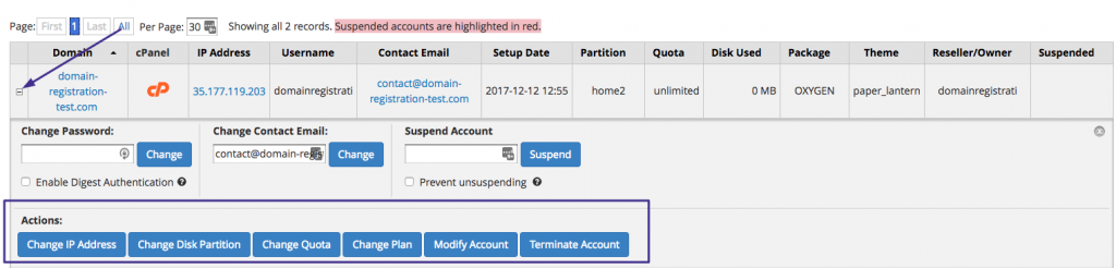 whm account actions