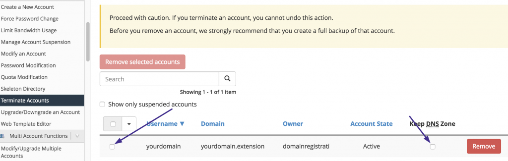 Terminate account WHM
